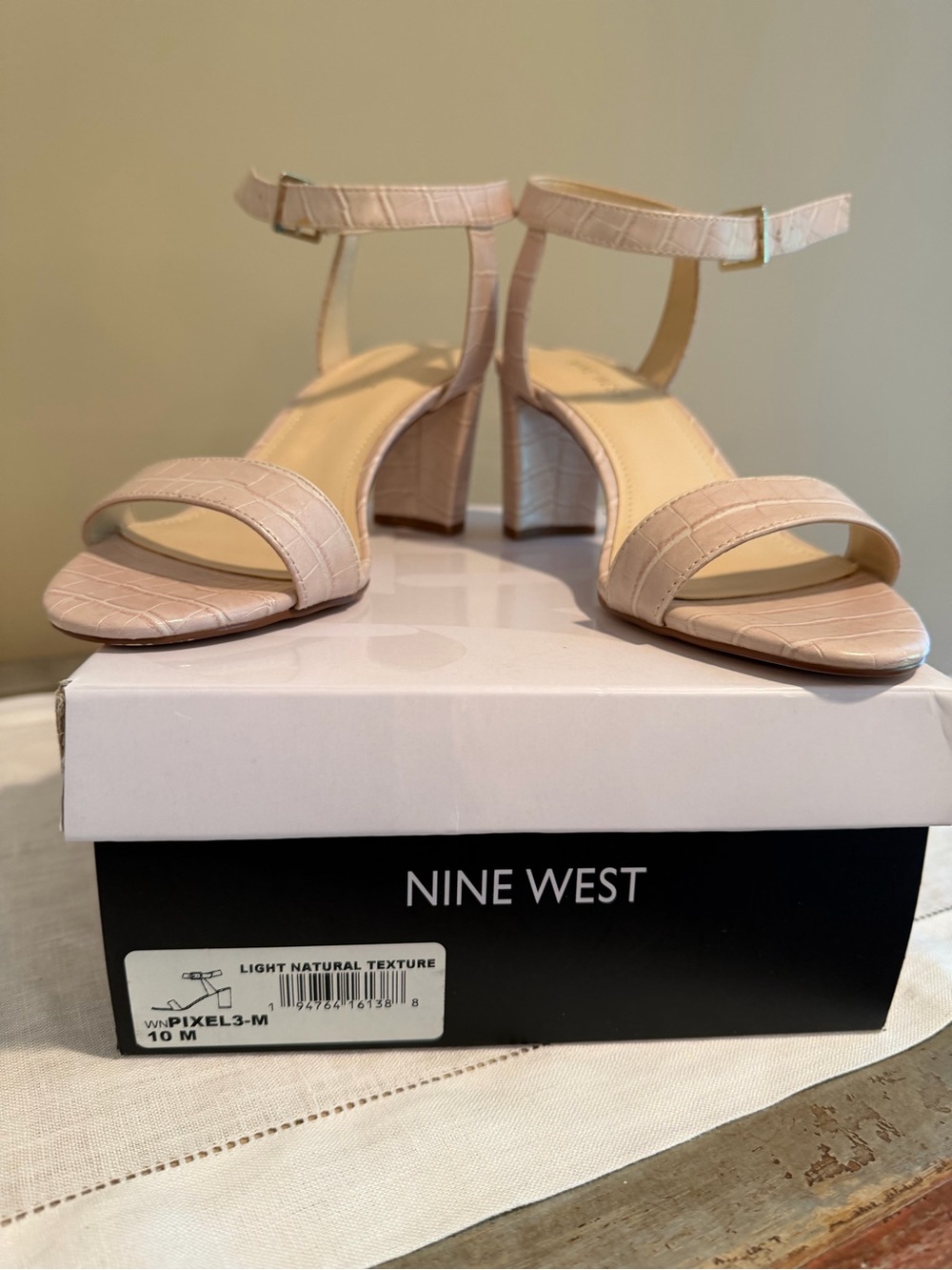 Nine West Women’s Light Natural ivory Textured Ankle-Strap Sandals